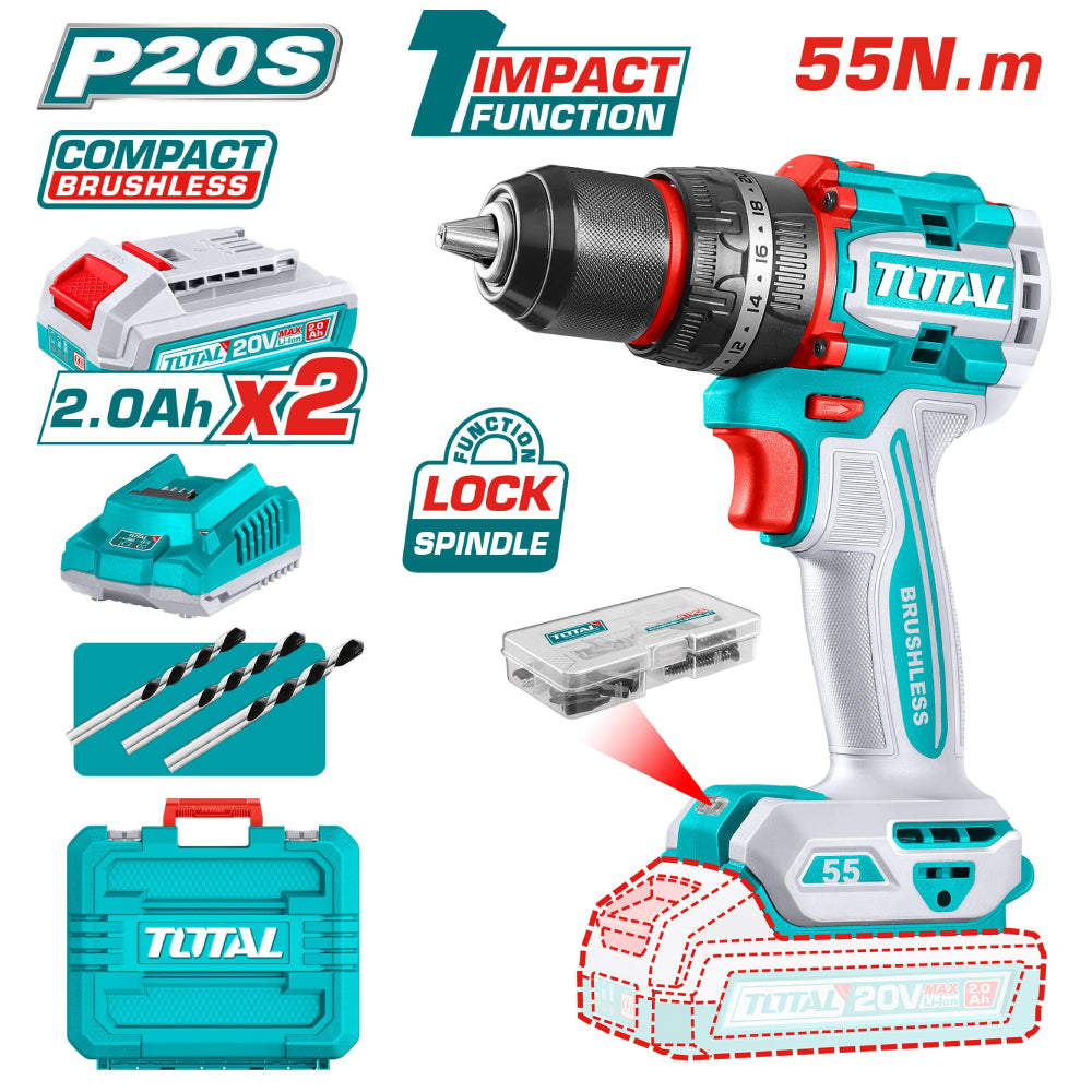 Visseuse à Percussion 20V - TOTAL TIDLI20558 - Kit Complet 55Nm avec 2 Batteries 2.0Ah et 50 Accessoires