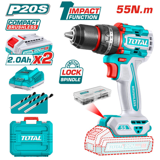 Visseuse à Percussion 20V - TOTAL TIDLI20558 - Kit Complet 55Nm avec 2 Batteries 2.0Ah et 50 Accessoires