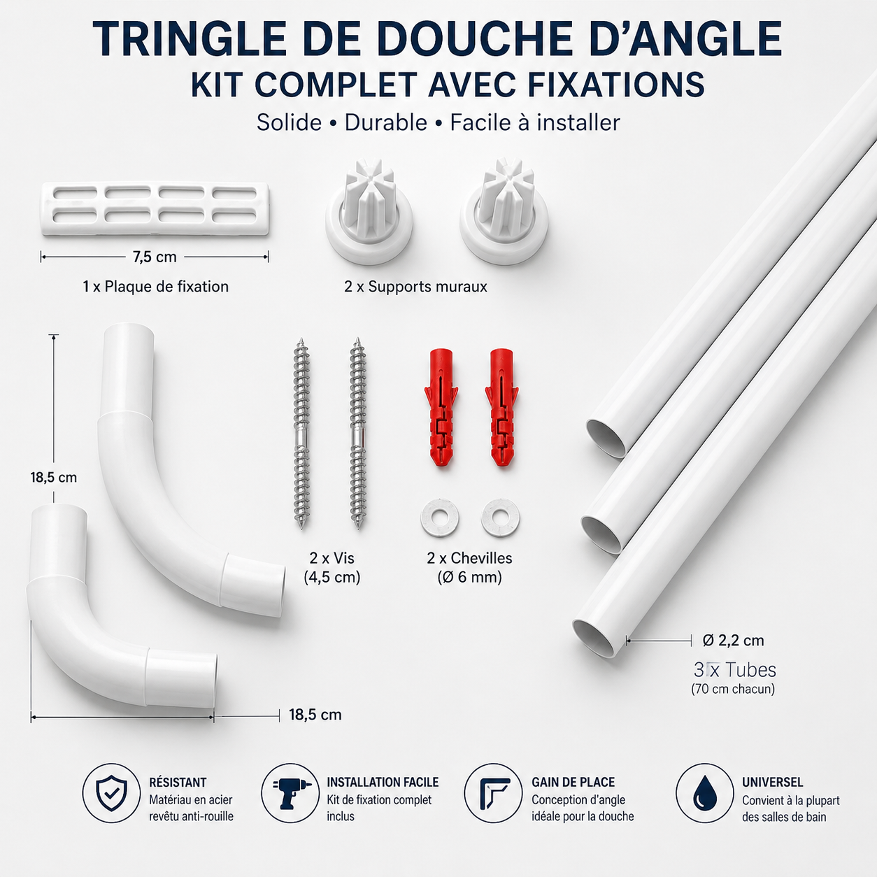 Tringle de rideau de douche d’angle blanche installée dans une salle de bain moderne avec carrelage blanc et rideau de douche suspendu.