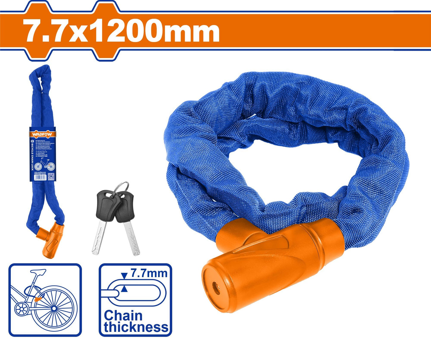 Antivol de vélo WADFOW WBK4177, 2 clés, diamètre 7,7 mm, 1200 mm