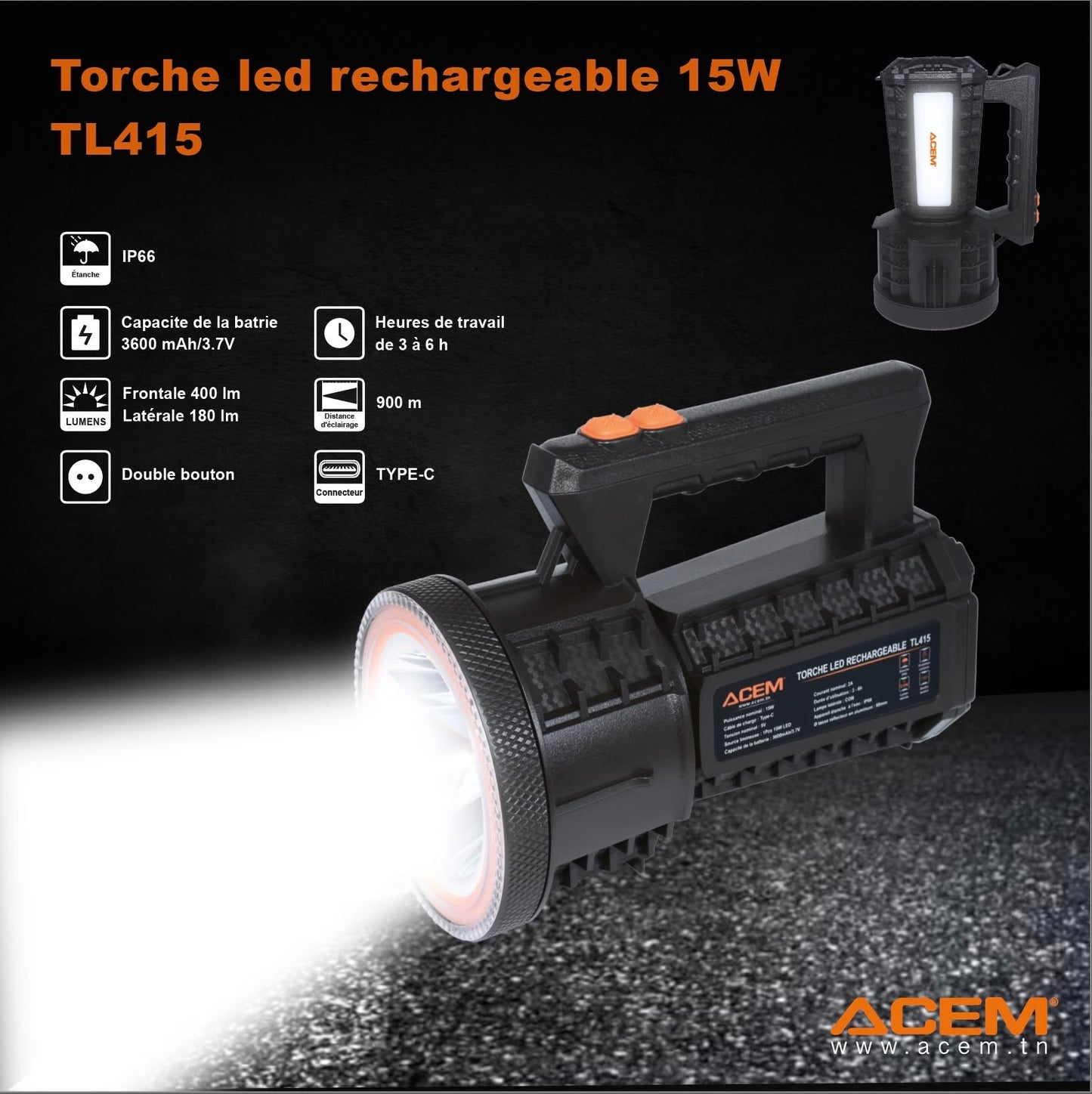 Torche LED Rechargeable 15W IP66 – Batterie 3600 mAh – USB Type-C – TL415