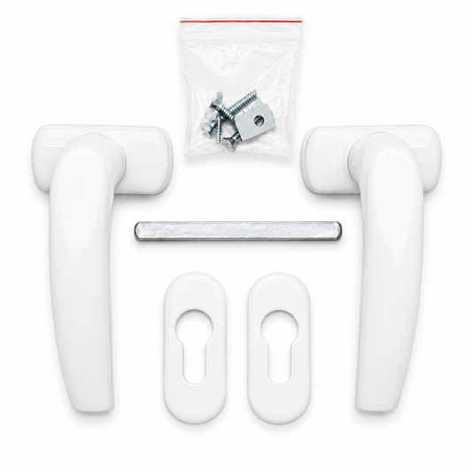 Poignée de fenêtre blanche avec plaques, axe carré et vis de fixation, kit complet de quincaillerie sur fond blanc pour image produit Shopify