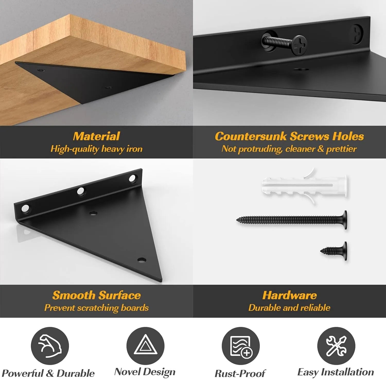 Lot de 2 Support d'étagère triangulaires en acier noir - SQES