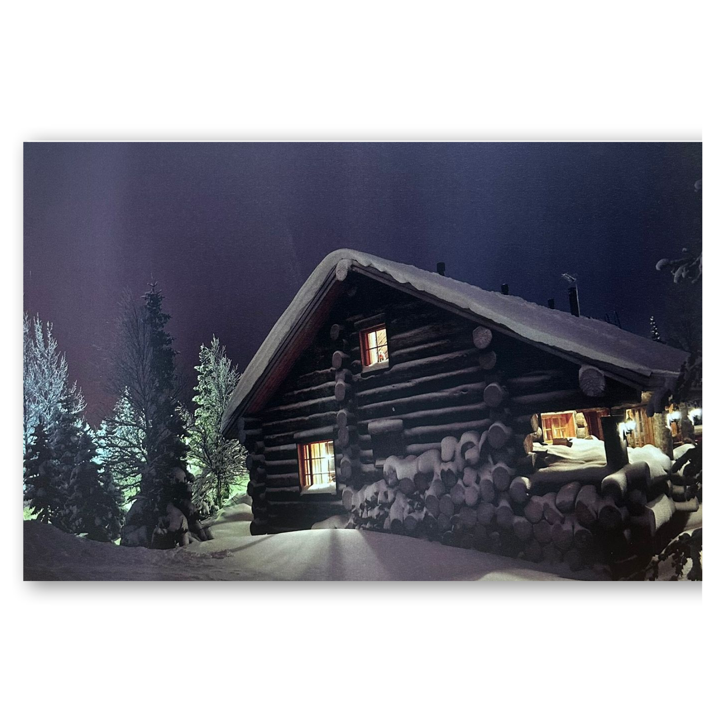 Tableau Chalet Enneigé Nuit 70x50cm Lumineux LED Toile Textile Haute Qualité
