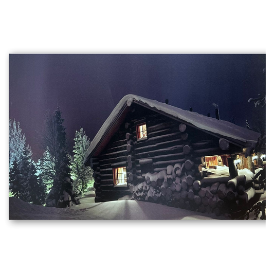 Tableau Chalet Enneigé Nuit 70x50cm Lumineux LED Toile Textile Haute Qualité