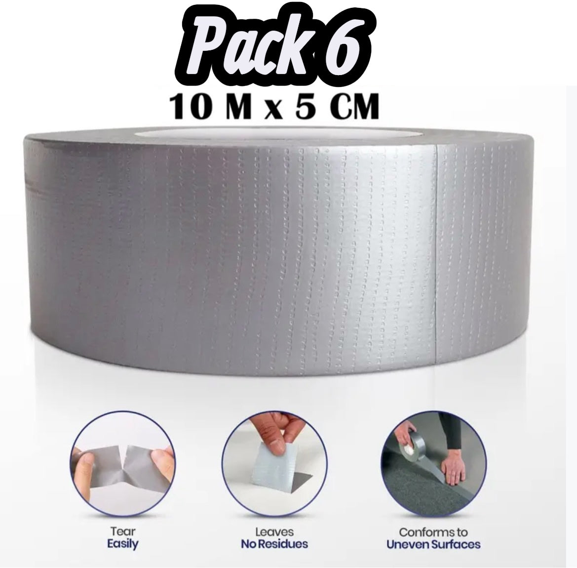 Ruban Adhésif Toilé Duct Tape Gris 10m x 5cm - Lot 6pcs