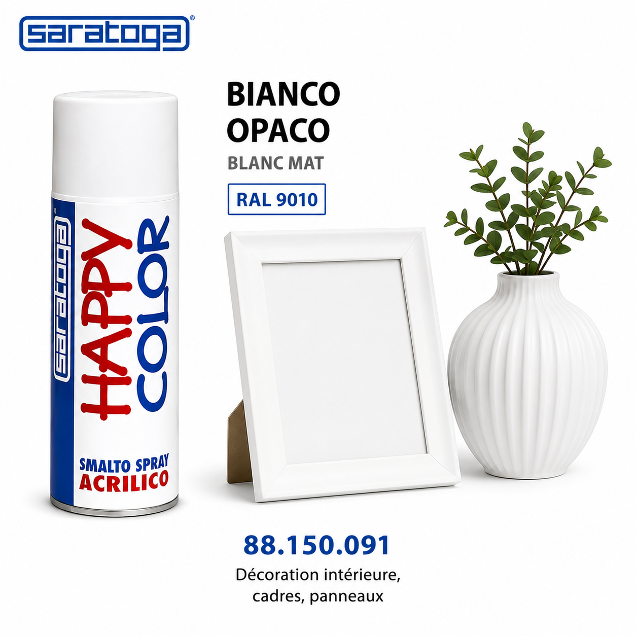 Spray peinture blanc mat RAL 9010 400ml Saratoga Happy Color – décoration intérieure, cadres, panneaux – SQES Ariana Menzah 8 Tunisie