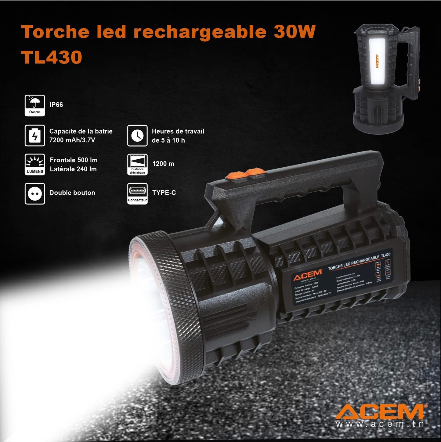 Torche LED Rechargeable 30W – TL430