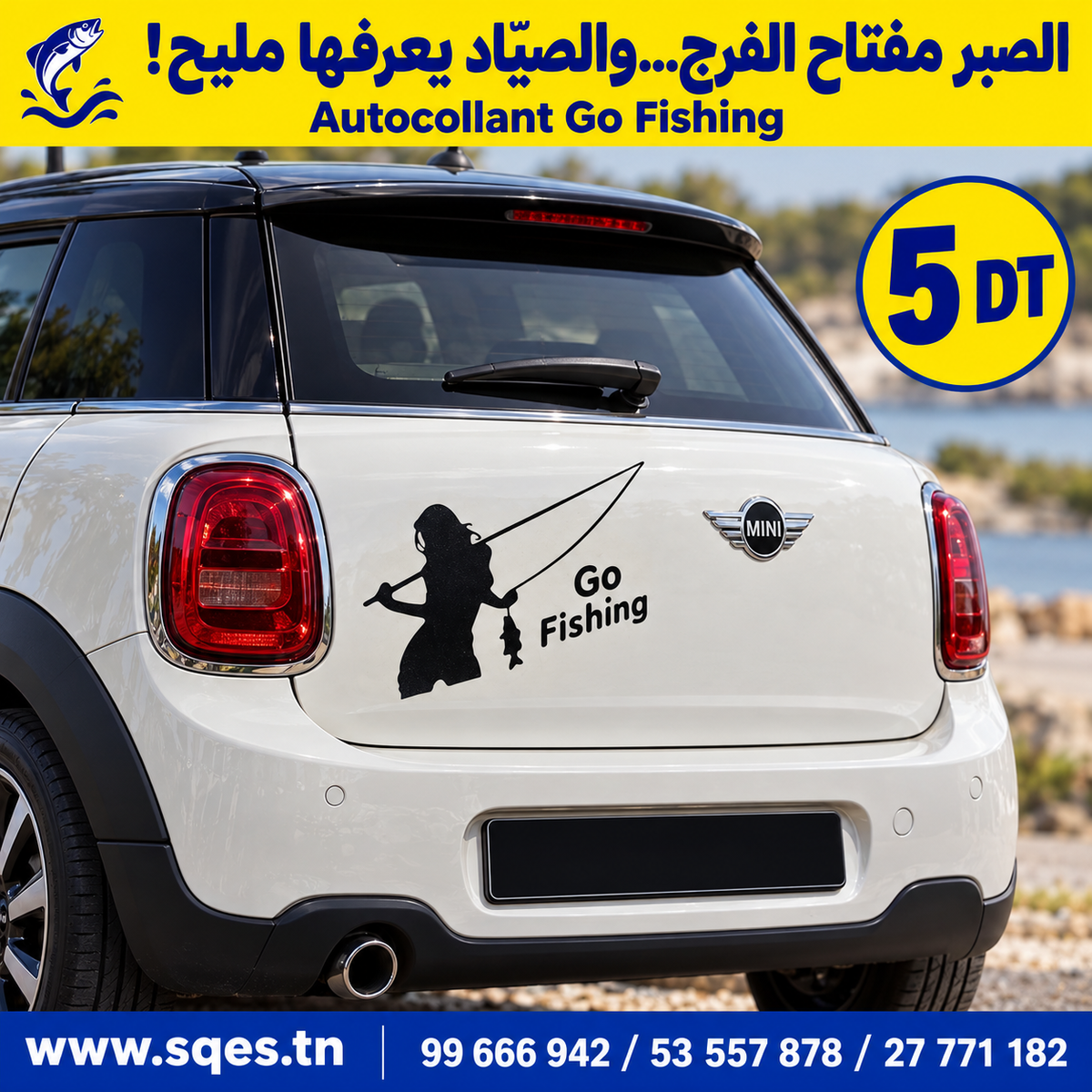Autocollant voiture « Go Fishing » noir – Motif pêche