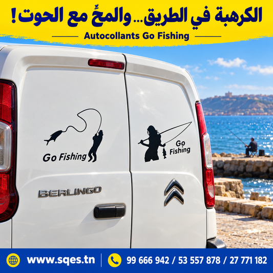 Autocollant voiture « Go Fishing » noir – Motif pêche