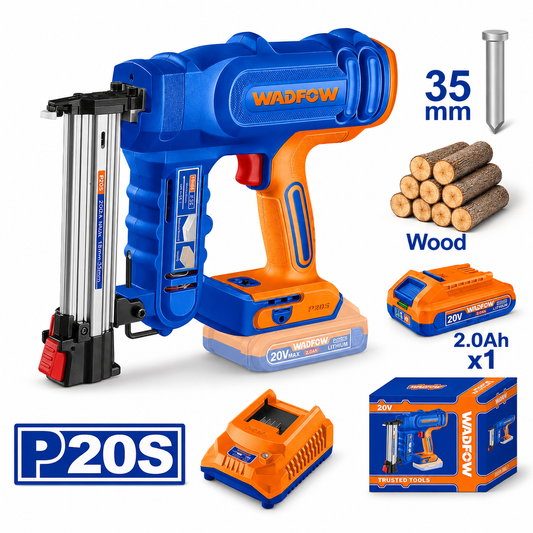Cloueur sans fil 20V WADFOW P20S avec batterie 2.0Ah, chargeur et coffret – cloueur électrique pour bois 35 mm