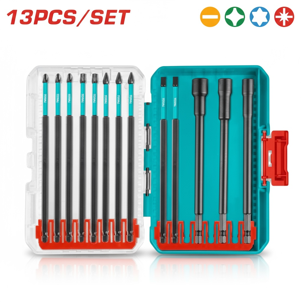 Total JEUX 13 Embouts Longs - 150mm Impact + 3 Douilles Magnétiques