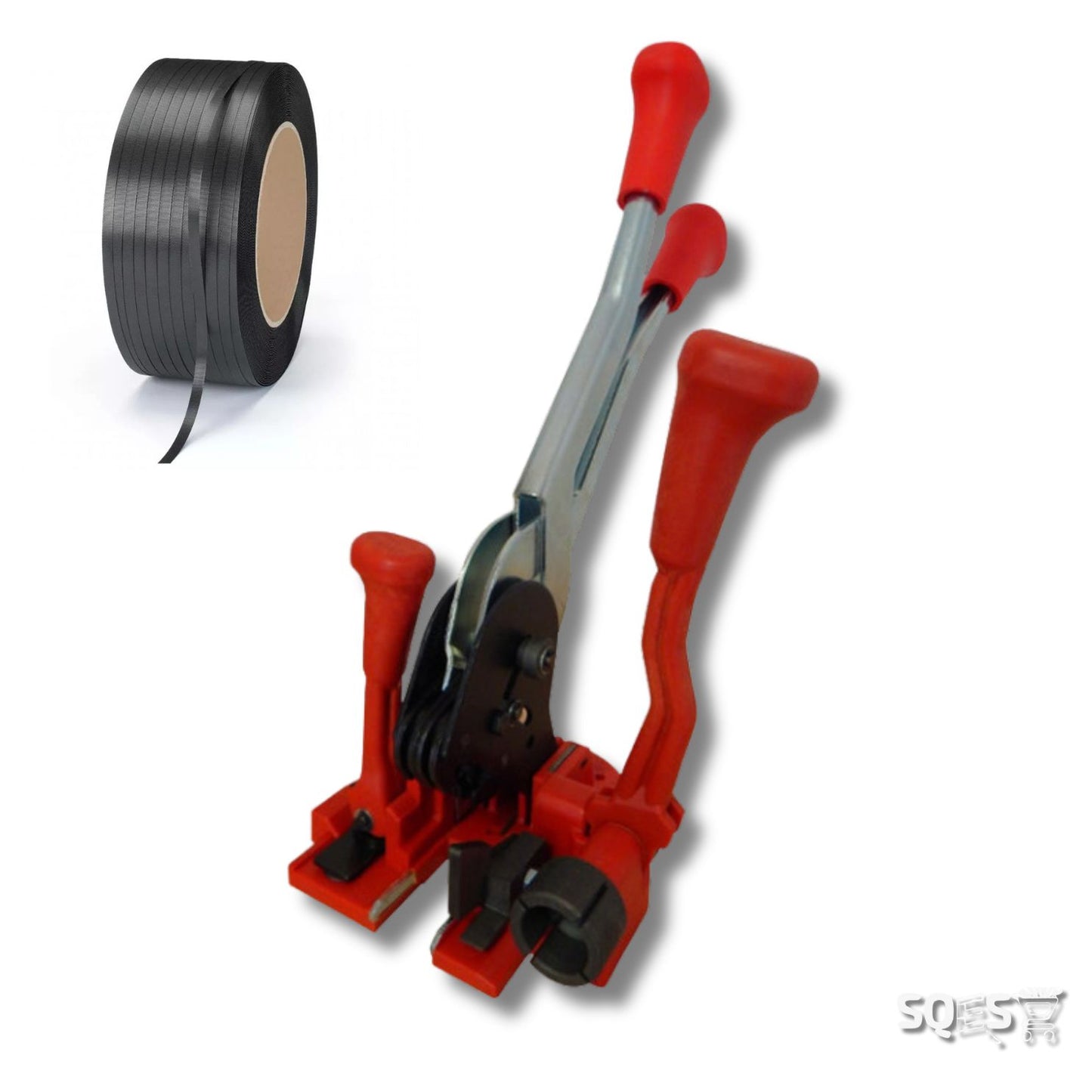 Appareil de cerclage manuel rouge avec tendeur et sertisseuse accompagné d’une bobine de feuillard plastique noir pour emballage et sécurisation des colis.