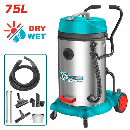 Aspirateur TOTAL 2 moteurs 2400W, usage humide & sec, cuve 75L. Puissant et polyvalent. Disponible chez SQES.tn, quincaillerie générale Tunisie.