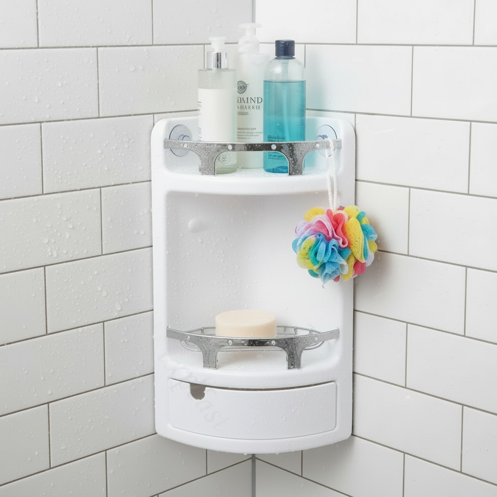 Étagère d'Angle Salle de Bain Blanc Chromé Grand Modèle