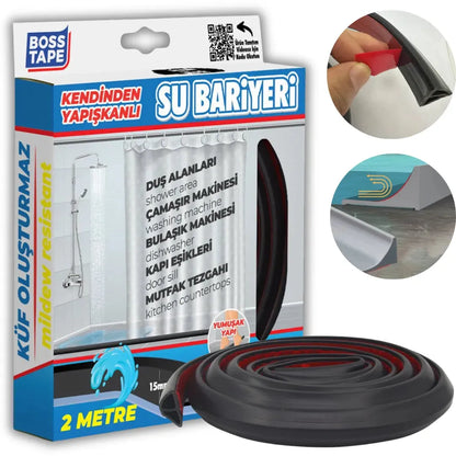 BOSS TAPE Barriere adhésif de Douche - Barrage Eau De Seuil NOIR - Joint Stop eau - 2m - SQES