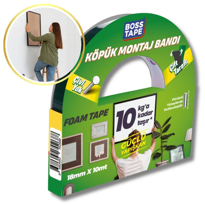 BOSS TAPE Ruban Adhésif Double Face de montage en mousse 19mmx10m (max 10kg) - SQES