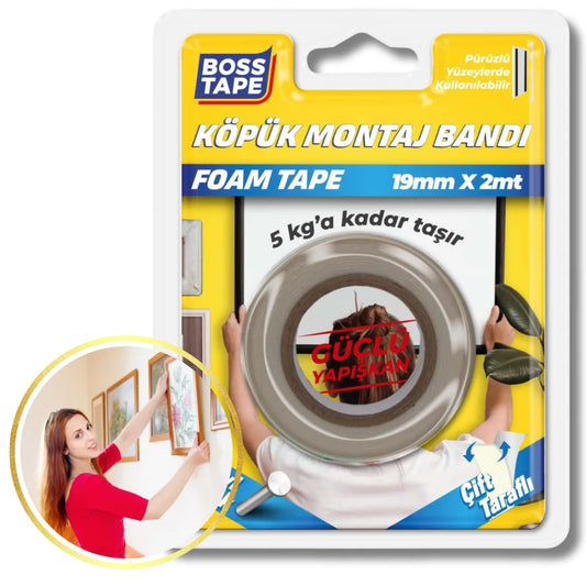 BOSS TAPE Ruban Adhésif Double Face de montage en mousse 19mmx2m (max 5kg) - SQES