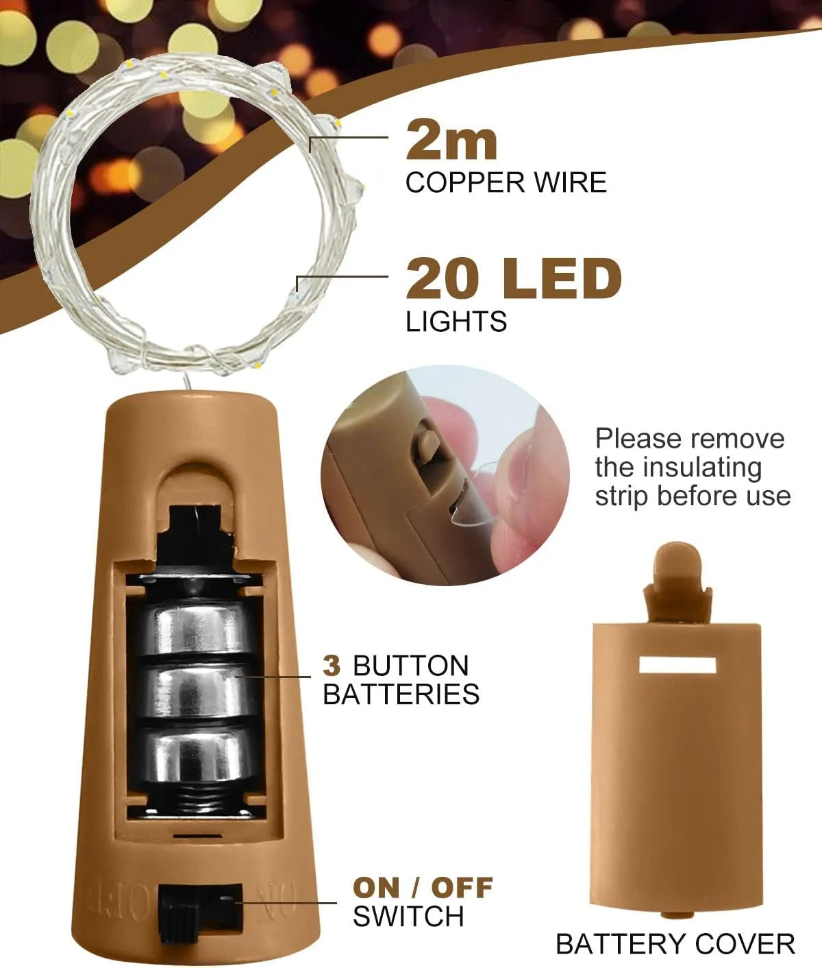 Lot 3 Guirlandes Bouchon de vin LED Lumineux (20leds) - SQES