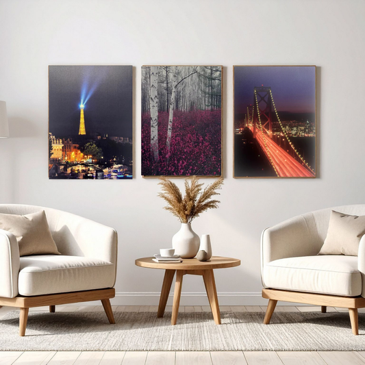 Lot de 3 Tableaux Décoratifs 60x70cm - Tour Eiffel, Forêt et Pont