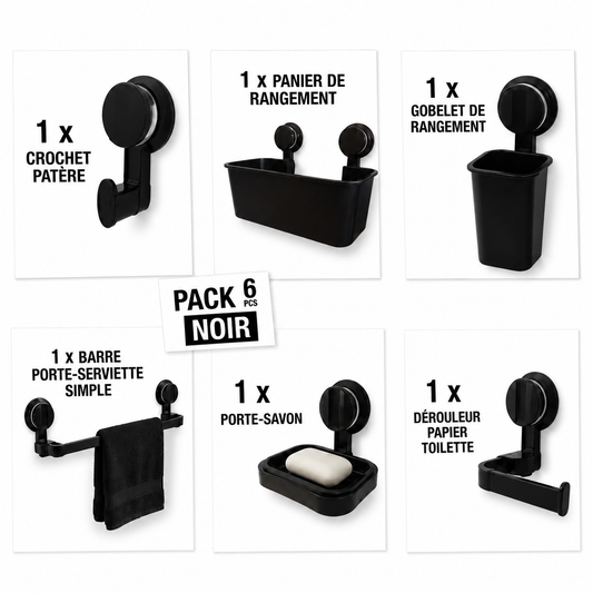 Pack 6 Accessoires Salle de Bain à Ventouse ABS Noir EJIM – Sans Perçage