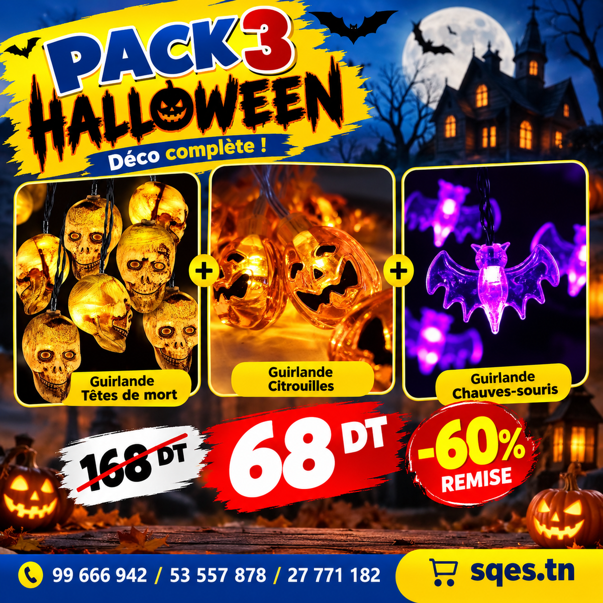 Pack 3 Guirlandes Halloween LED - Décoration | SQES Tunisie
