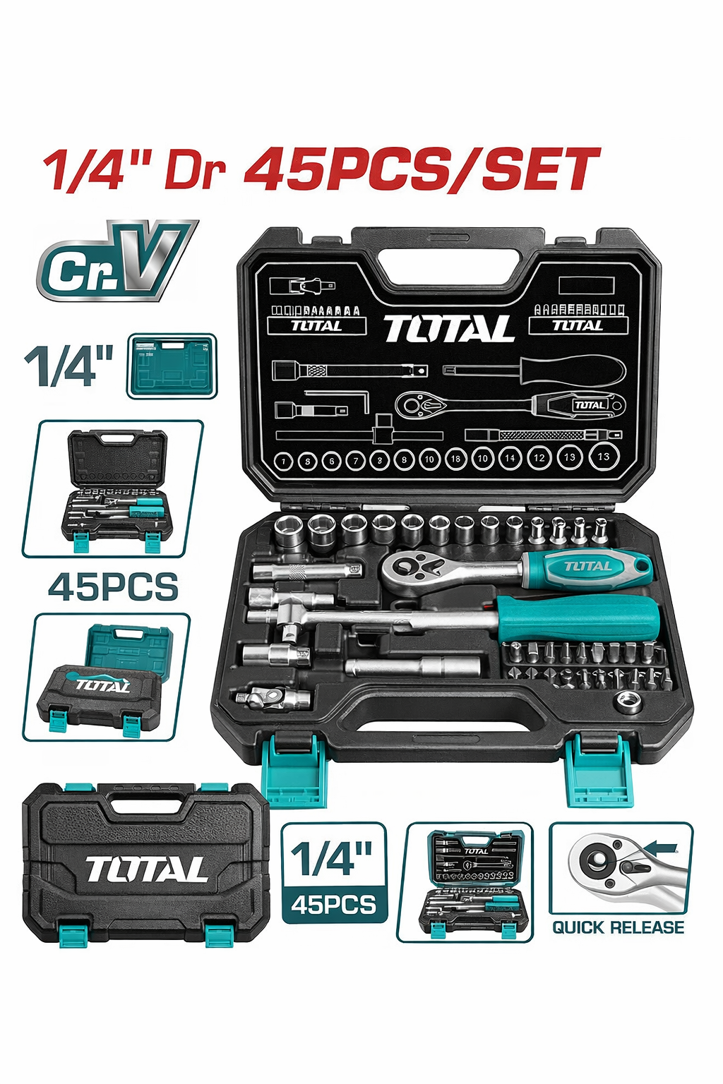 Coffret douilles TOTAL THT121251 45 pièces 1/4 pouce Cr-V clé à cliquet 45T 20 embouts – SQES Tunisie
