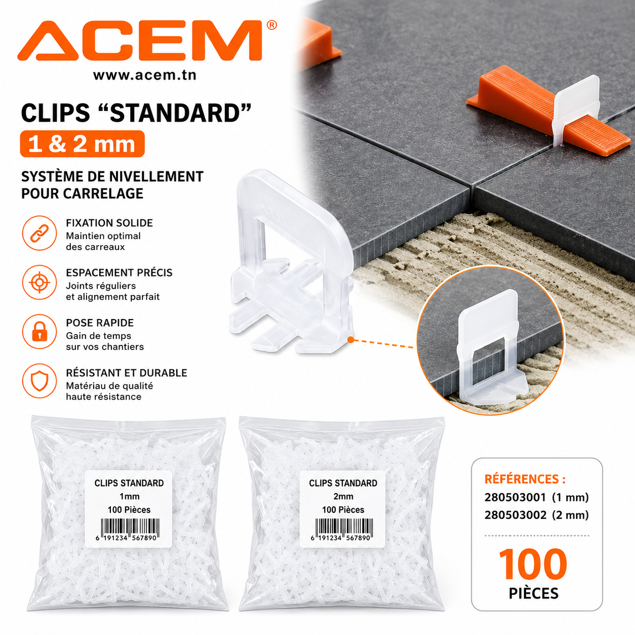 Clips de carrelage ACEM Standard 1 mm et 2 mm pour système de nivellement de carrelage, sachets de 100 pièces, accessoires de pose de carrelage pour espacement précis et finition professionnelle.