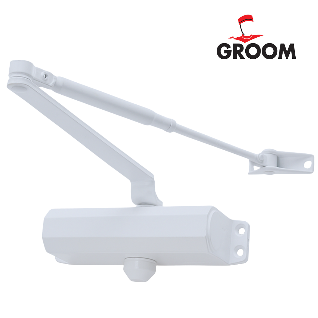 Ferme porte groom blanc bras hydraulique pour fermeture silencieuse disponible chez SQES Tunisie à un prix raisonnable.