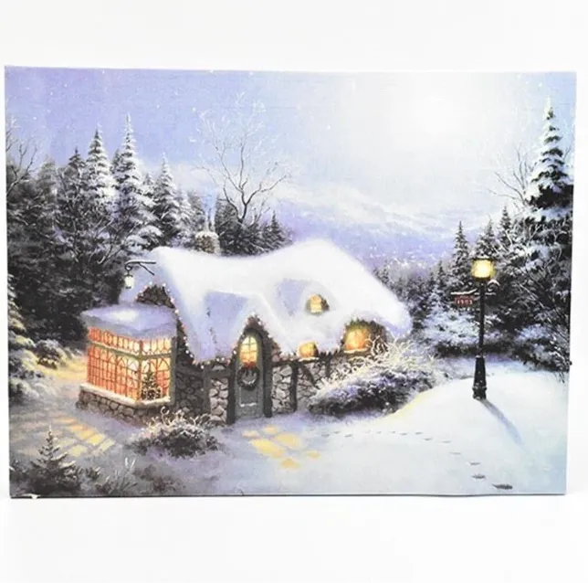 Tableau Hiver maison de noel 40X60cm imprimé sur Toile Textile Haute qualité (avec éclairage LED lumine - SQES