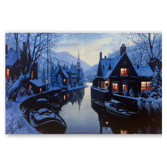 Tableau Village Hivernal 70x50cm Lumineux LED Toile Textile Haute Qualité