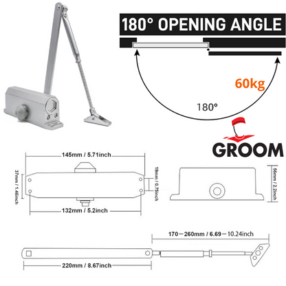 , capacité 60kg, finition professionnelle"
"Vue détaillée du mécanisme hydraulique du ferme-porte groom argent SQES"
"Installation du ferme-porte groom argent sur porte d'entrée, bras compas visible