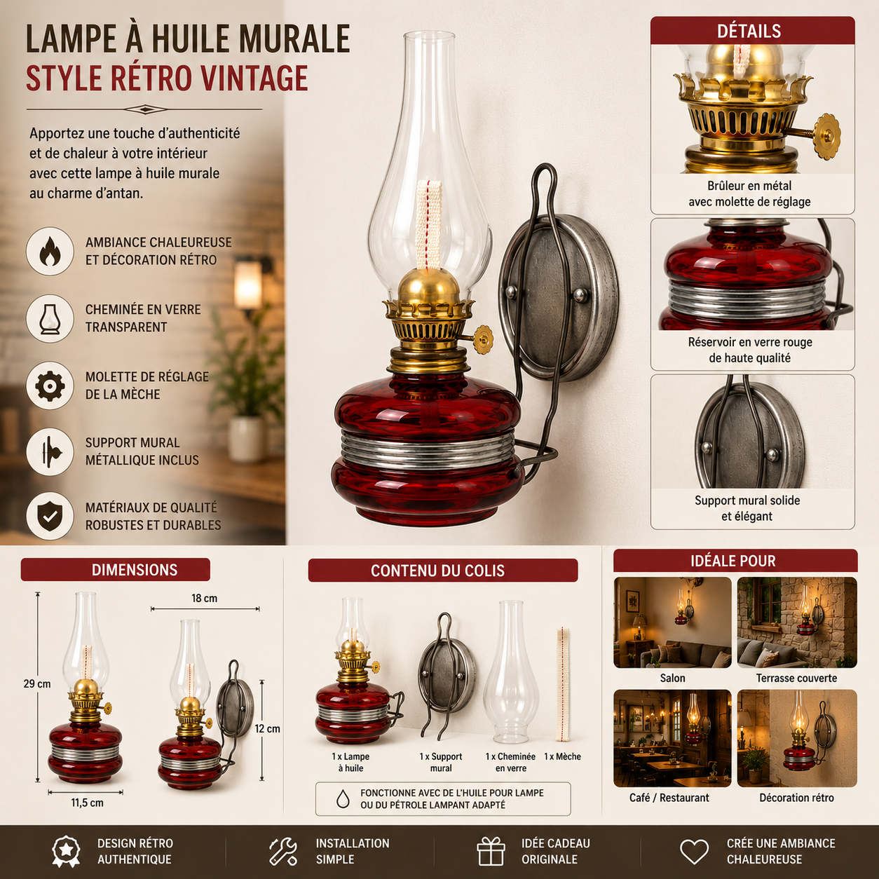Lampe à huile murale vintage en verre rouge avec support métallique et cheminée en verre transparent Lampe à huile murale RetroTime verre rouge allumée, brûleur doré, cheminée verre transparent, support métallique, SQES Ariana Menzah 8 Tunisie
