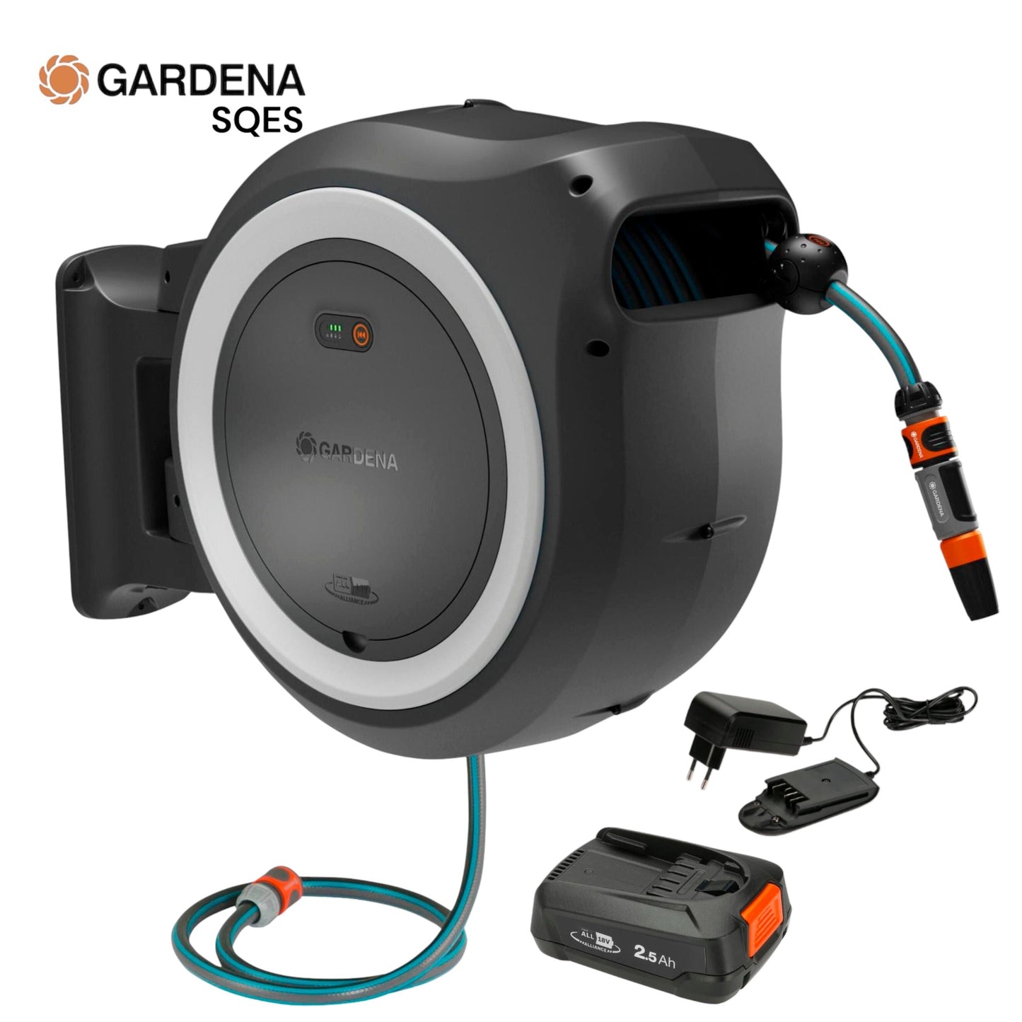 Dévidoir Automatique Mural sur Batterie PowerRoll XXL 40/18V P4A, 40 m GARDENA