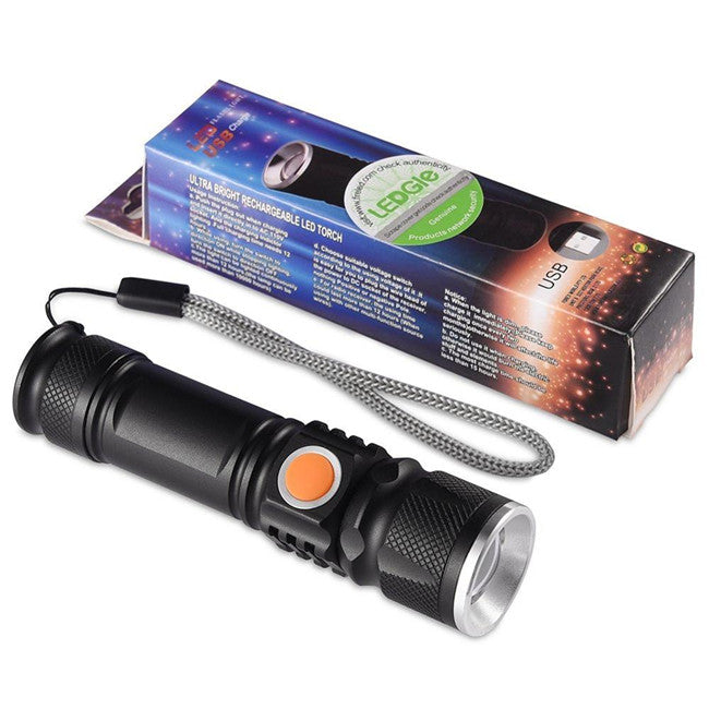 Torche LED - Lampe de poche LED, Zoom, Mini USB Rechargeable
