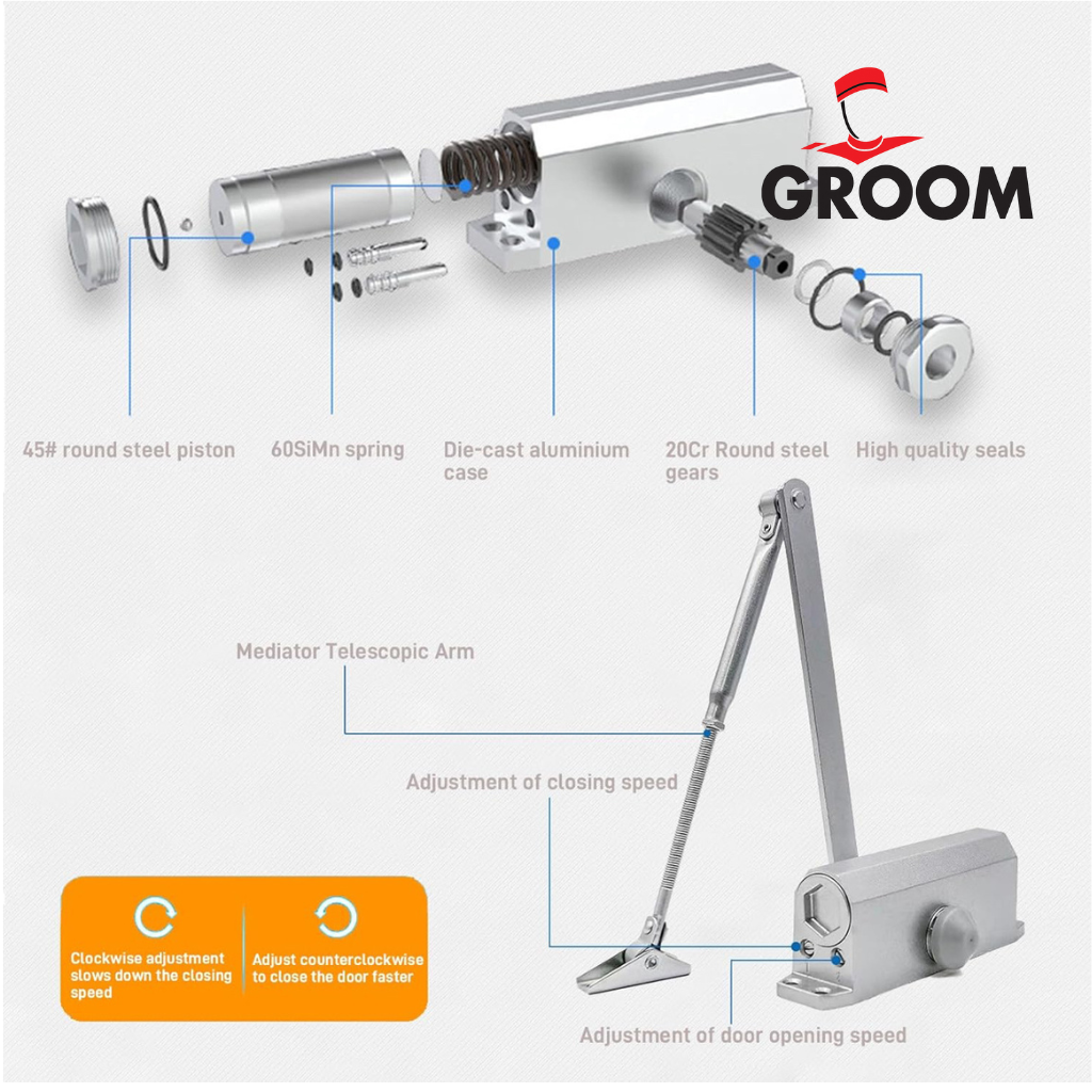 Ferme-porte groom argent avec bras compas hydraulique, capacité 60kg, finition professionnelle"
"Vue détaillée du mécanisme hydraulique du ferme-porte groom argent SQES"
"argent sur porte d'entrée, bras compas visible