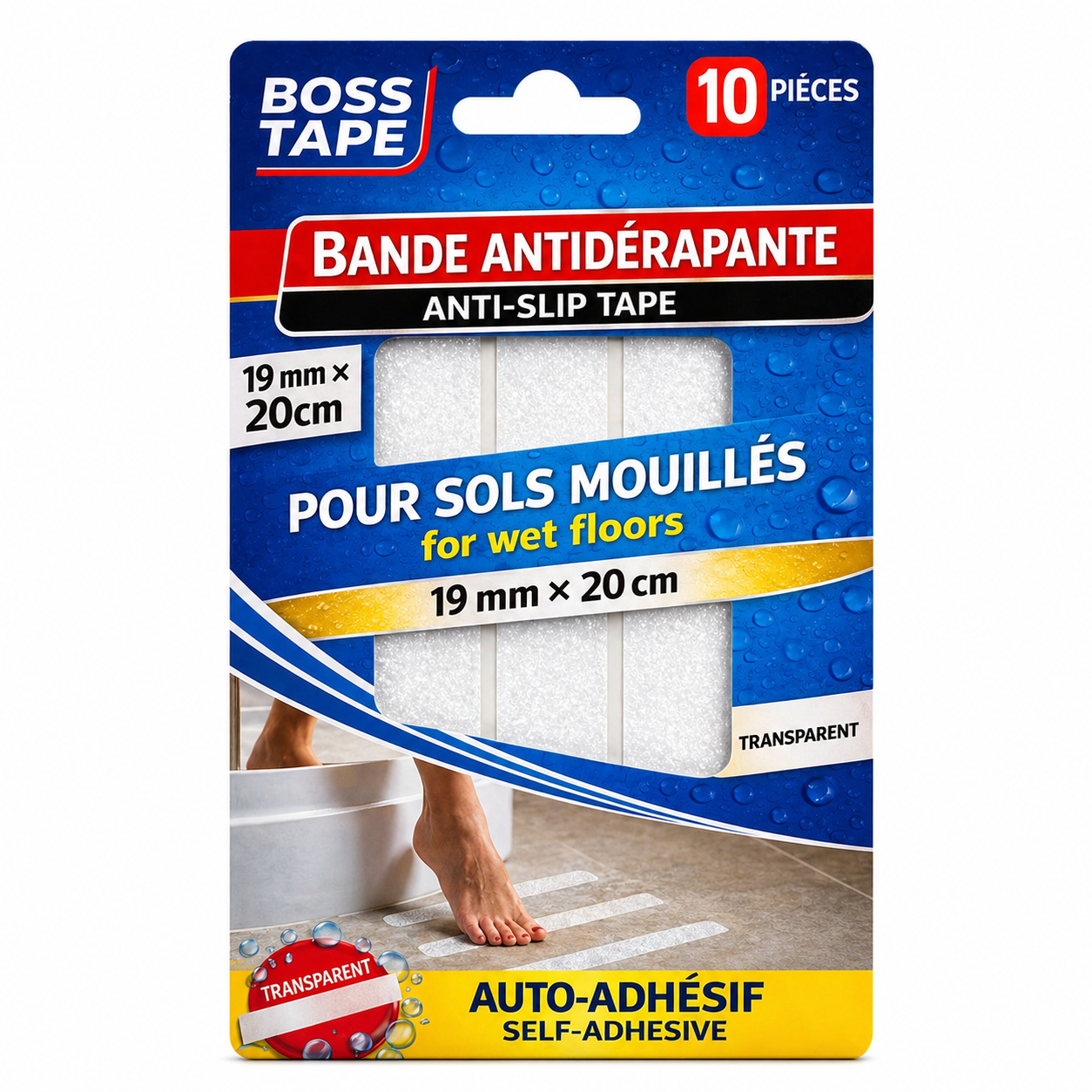 Kit bande antidérapante BOSS TAPE transparent 10pcs 19mmx20cm. Sécurité douche, évite glissades. Livraison Tunisie. Protégez-vous !