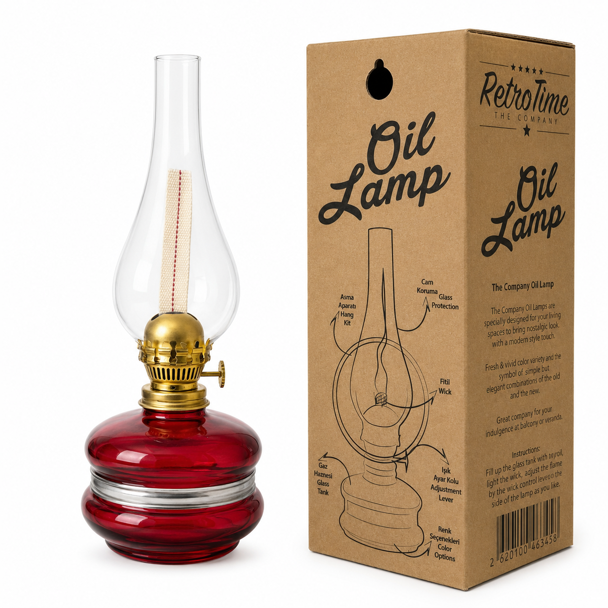 Lampe à huile murale vintage en verre rouge avec support métallique et cheminée en verre transparent RetroTime H34.5cm – SQES Ariana Menzah 8 Tunisie