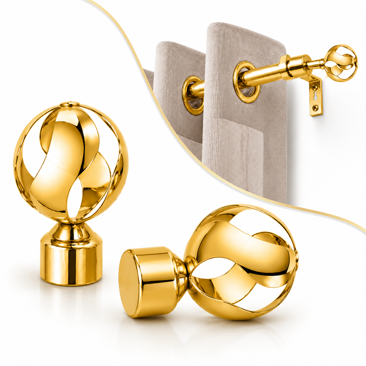 Lot de 2 embouts tringle à rideau or avec rideau en image secondaire chez SQES Tunisie, bricolage et quincaillerie de qualité à prix pas cher.
