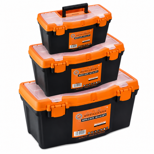 Lot de 3 boîtes à outils plastique ACEM 50 cm, 40,5 cm et 32 cm, rangement robuste pour bricolage et chantier, disponible chez SQES Tunisie.