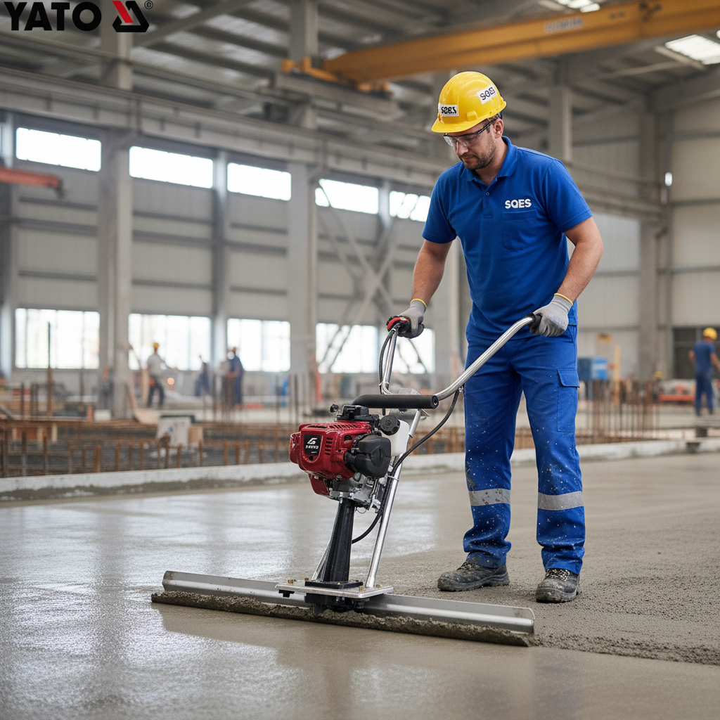Ouvrier SQES utilisant règle vibrante YATO pour finition dalle béton