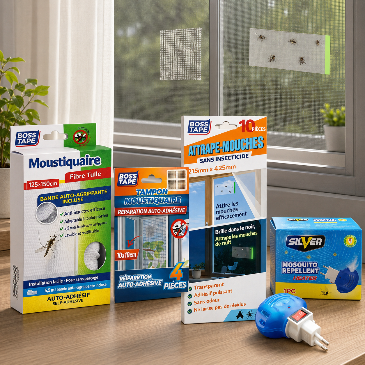 Pack complet anti-moustiques BOSS TAPE : moustiquaire, kit réparation, diffuseur et piège lumineux. Livraison rapide en Tunisie — SQES.
