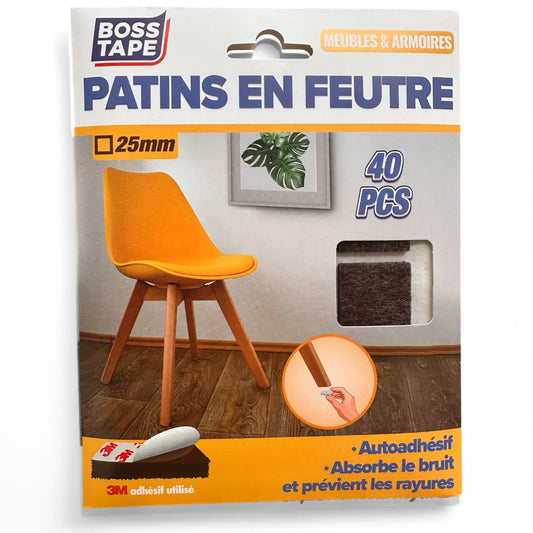 BOSS TAPE Patin anti glissement adhésif de meuble forme Carrée 25mm Marron (40pcs) - SQES