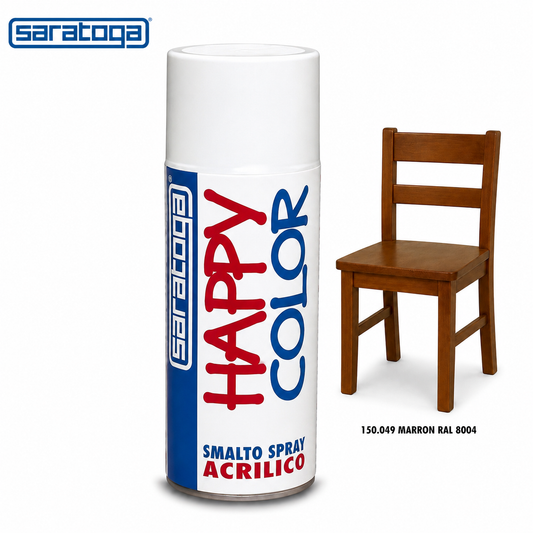 Peinture aérosol acrylique Saratoga Happy Color Marron RAL 8004 avec exemple de chaise en bois peinte, spray peinture multi-support pour bois, métal et décoration intérieure.