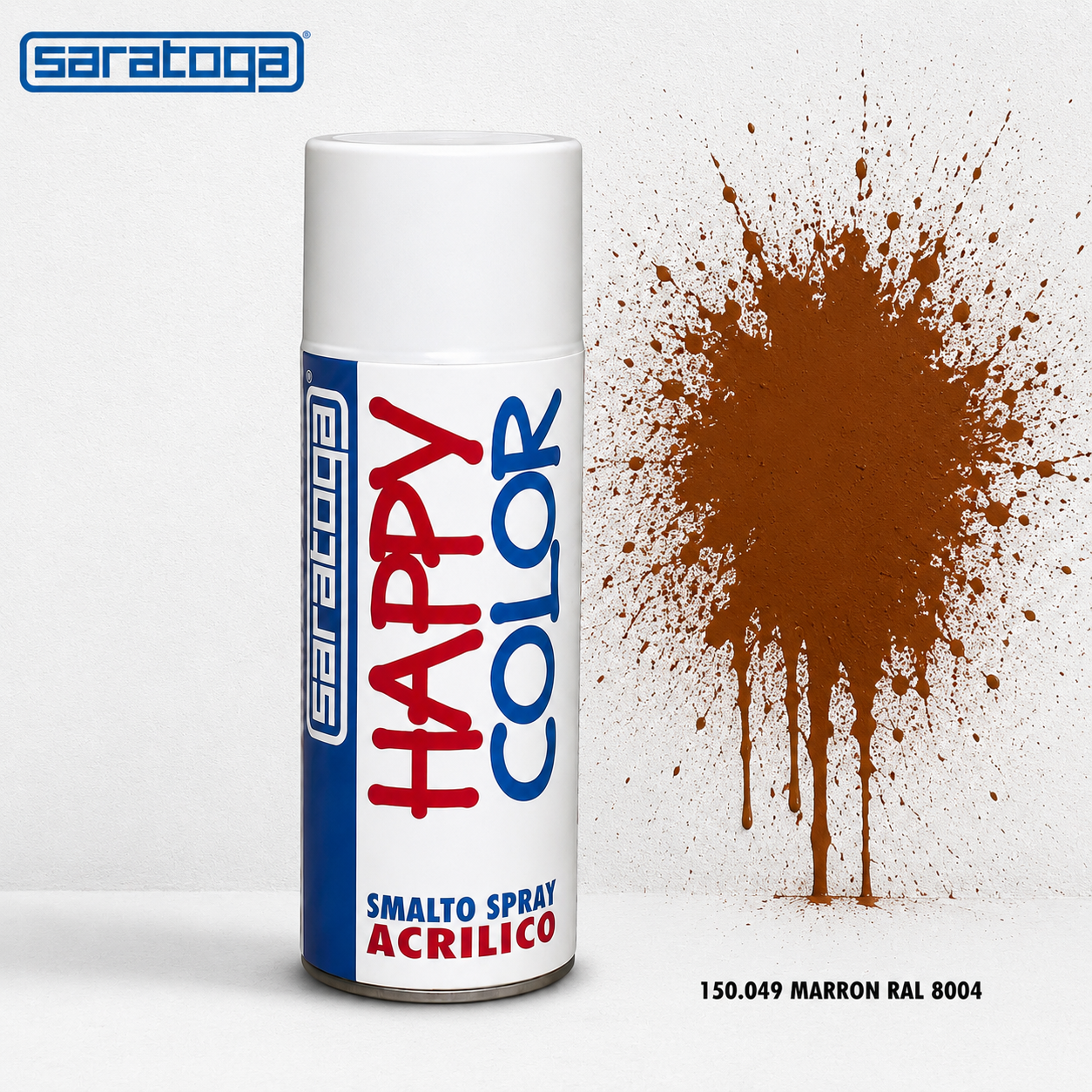 Peinture spray acrylique Saratoga Happy Color Marron RAL 8004 avec effet splash de peinture sur mur, aérosol décoratif pour bois, métal, mur et projets de bricolage DIY.