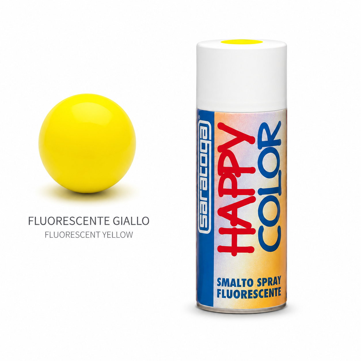 Peinture spray fluorescente jaune Saratoga Happy Color, aérosol jaune fluorescent haute visibilité pour marquage, décoration, signalisation et projets créatifs sur bois, métal et plastique.