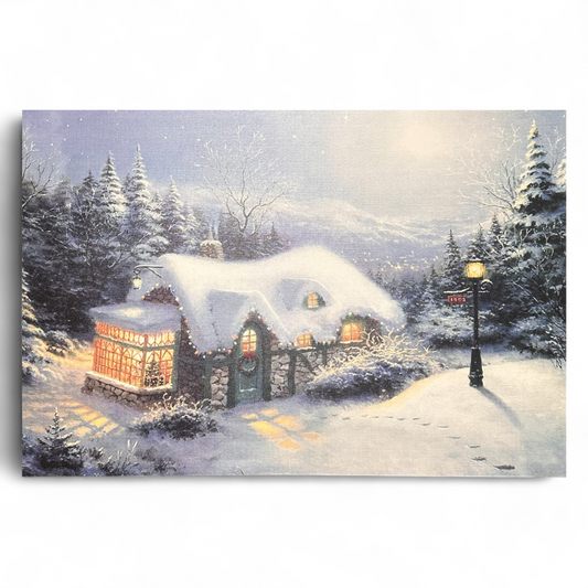 Tableau en Toile Imprimé Lumineux Chalet enneigé LED 40x60cm