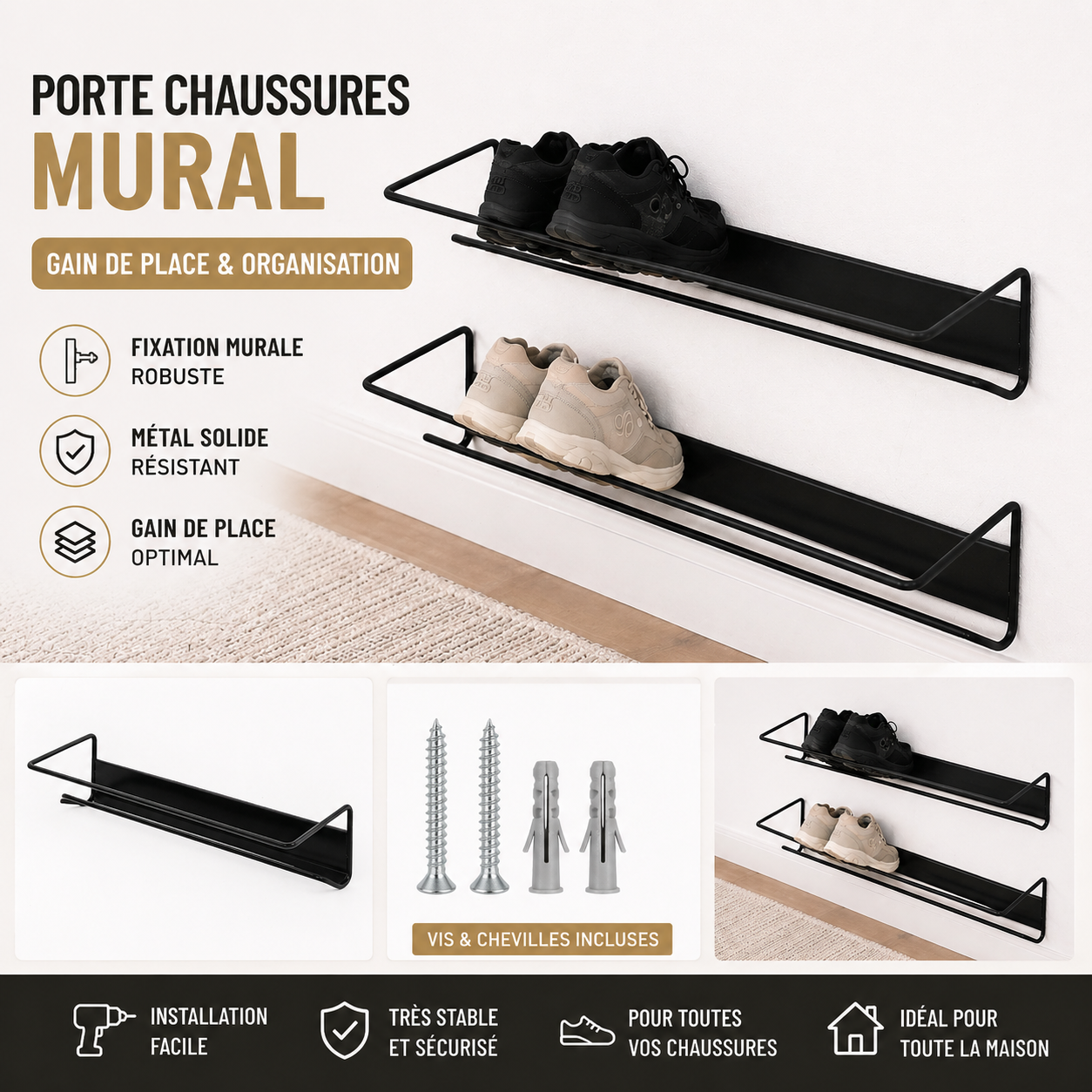 Support mural pour chaussures en métal noir avec fixation murale, vis et chevilles incluses, solution gain de place pour maison et dressing en Tunisie