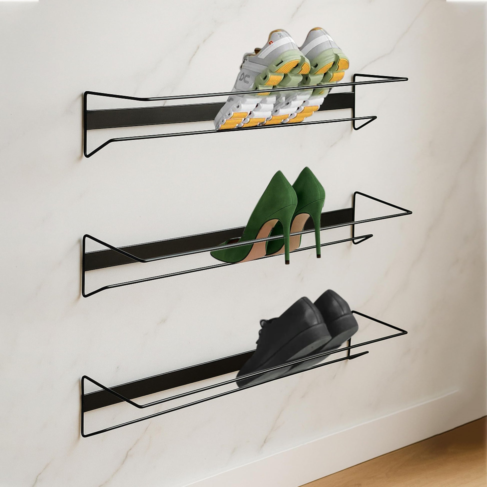 Support mural chaussures métal noir pour rangement gain de place avec installation facile et fixation solide