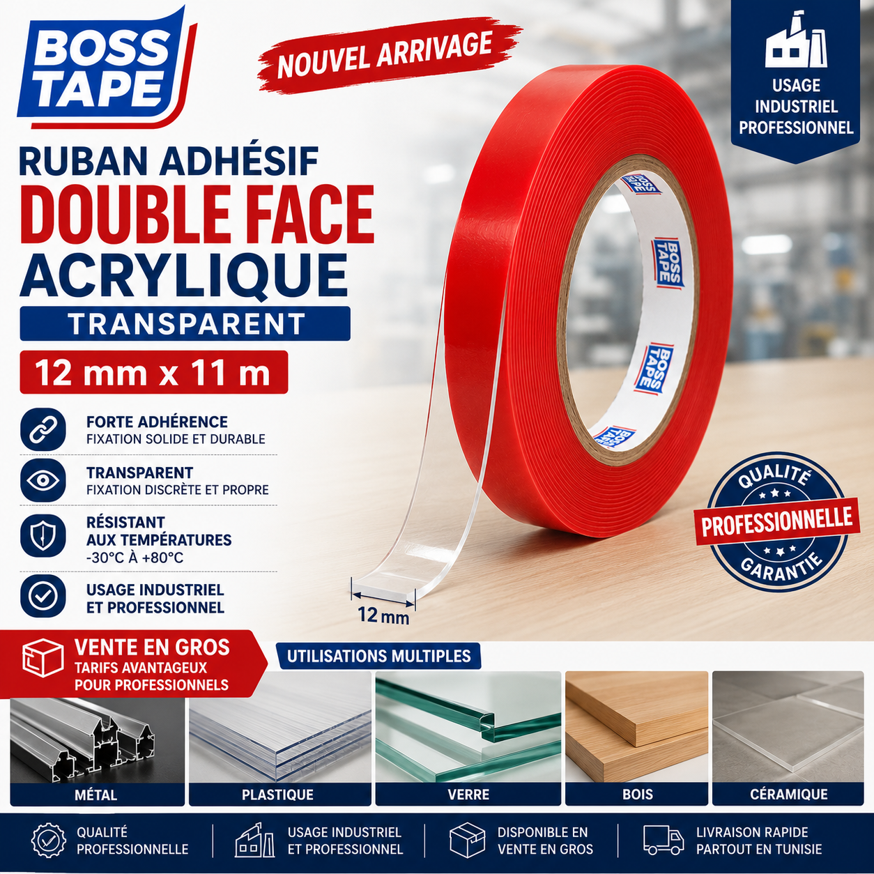 Ruban Double Face Acrylique BOSS TAPE 12mm x 11m Tunisie